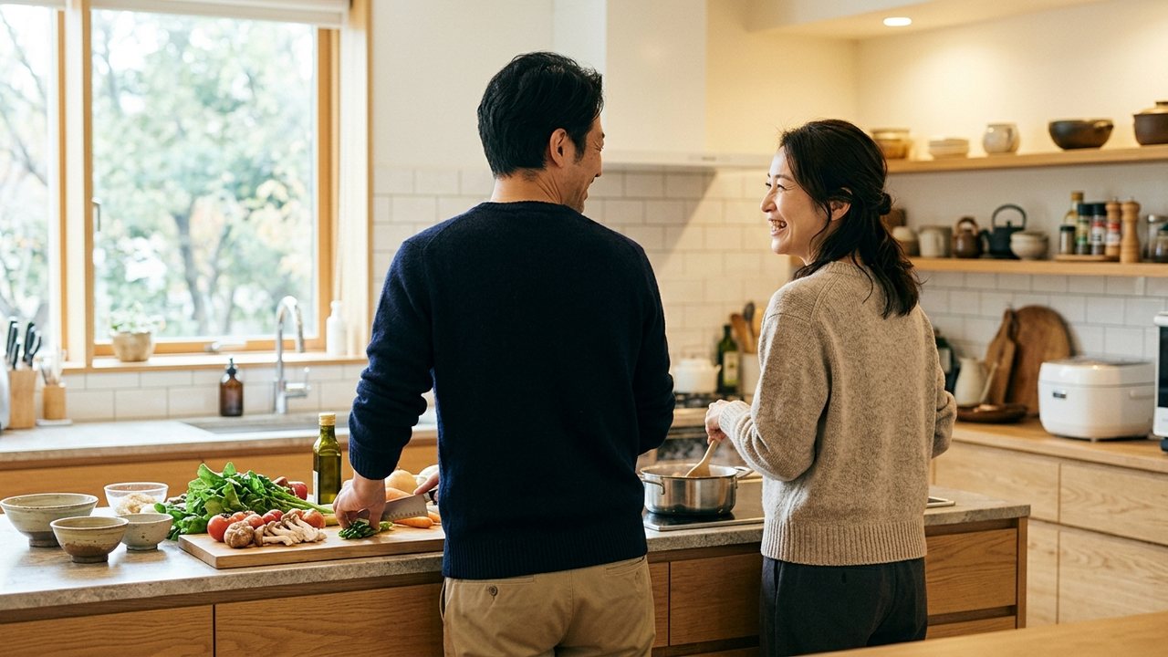 キッチンで笑顔で話しながら、一緒に夕食の支度をする夫婦