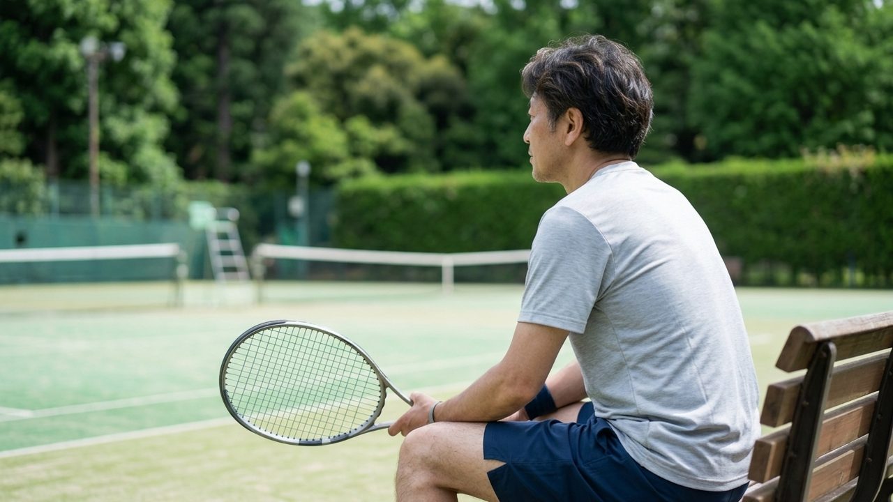 テニスコートのベンチで、ラケットを手にひと休みする男性