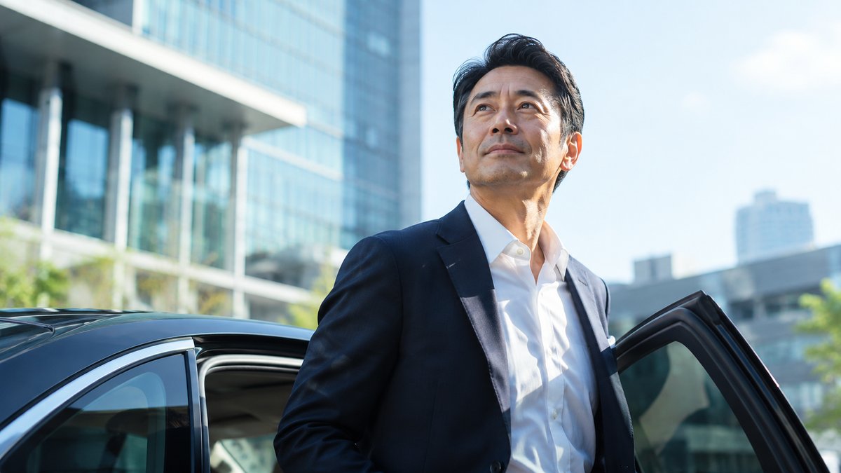 颯爽と車を降り活力みなぎる表情を見せる経営者世代の男性