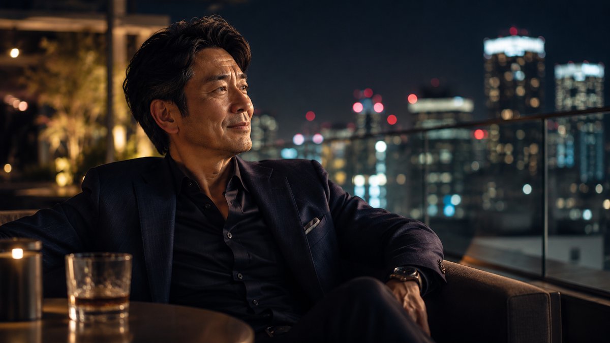 夜景を望むルーフトップでくつろぐ経営者世代の男性