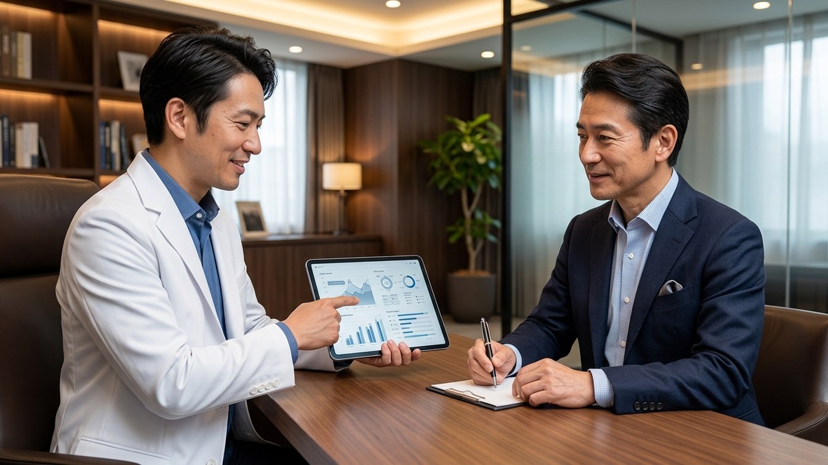 血液検査の結果をもとに治療方針を提案する医師と男性