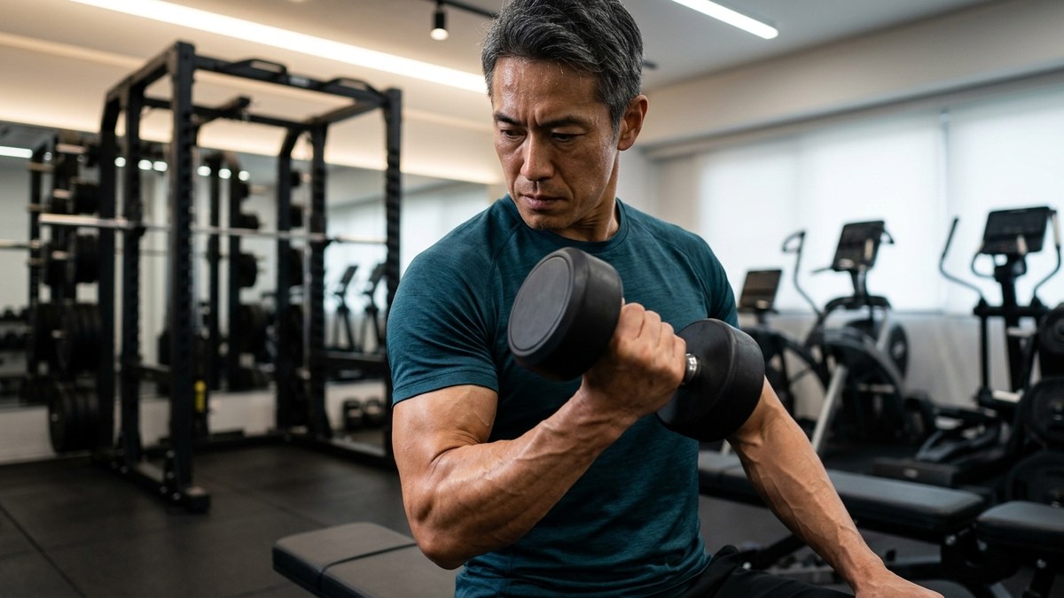 ジムでダンベルを持ち力強くトレーニングする男性