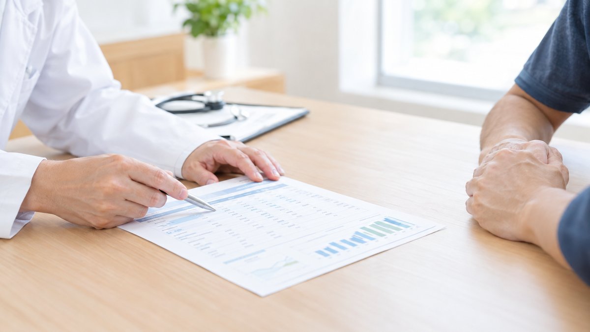 血液検査の結果シートをもとに説明する医師と患者の手元