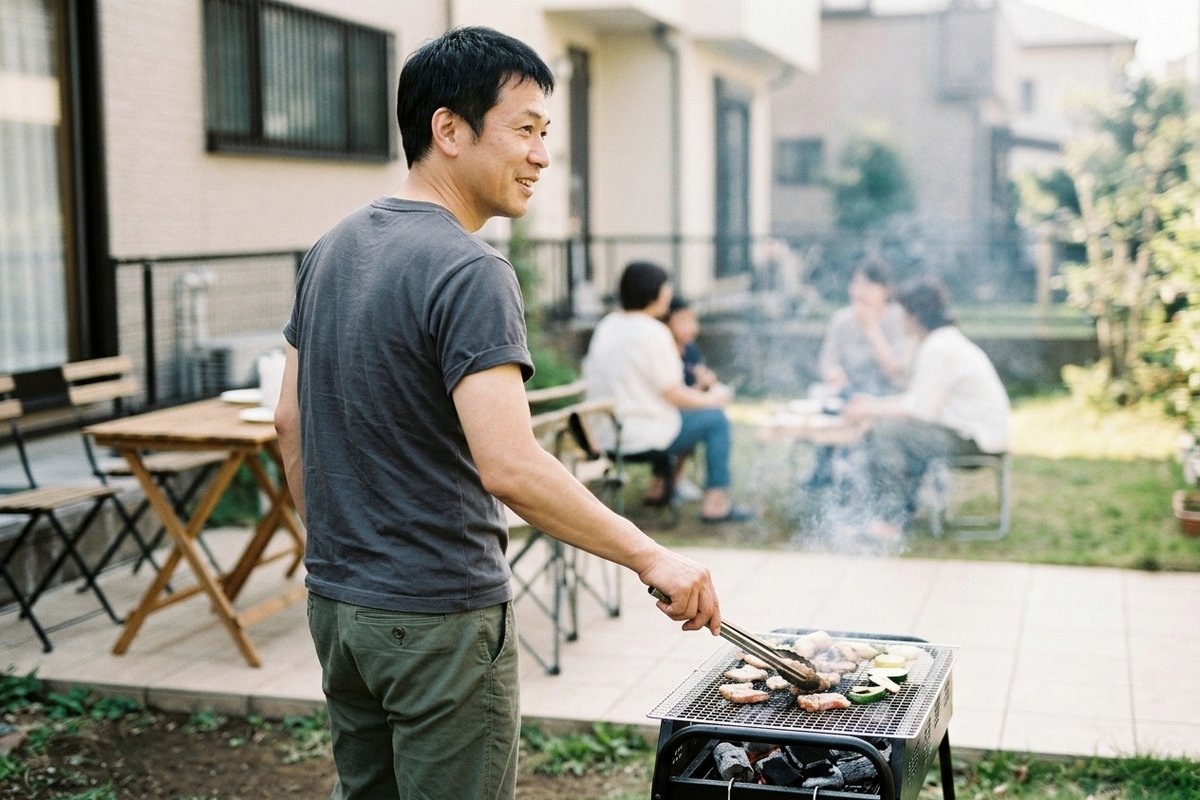 週末、自宅の庭でバーベキューを焼きながら、家族に笑顔で話しかける男性