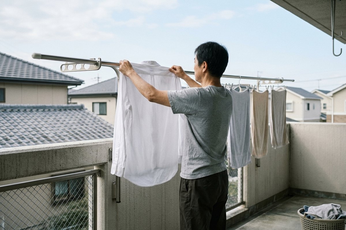 ベランダで洗濯物を干す中高年の男性