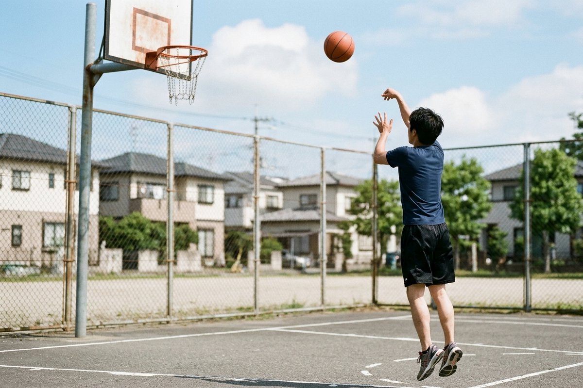 住宅街のコートでバスケットボールのシュートを打つ若い男性